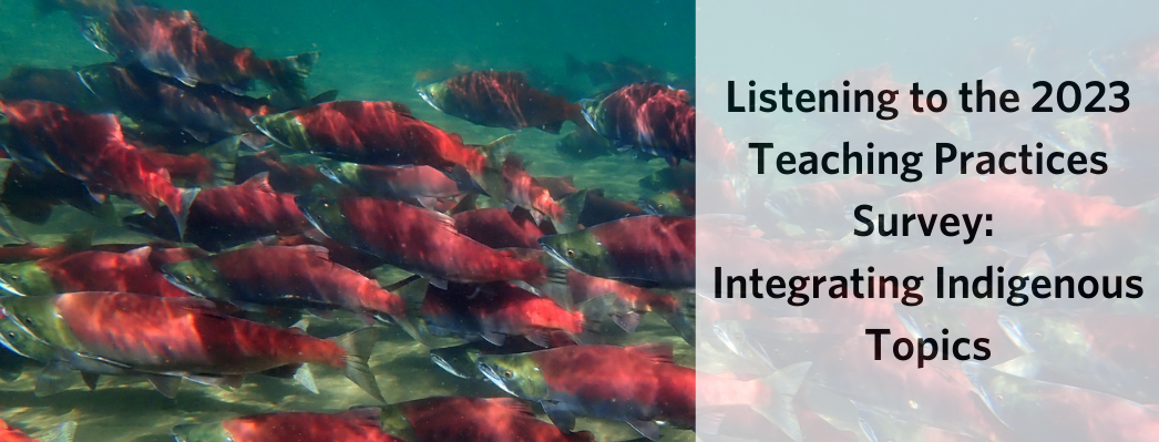 Image: Salmon Swimming. Text: Listening to the 2023 Teaching Practices Survey: Integrating Indigenous Topics