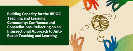 Building Capacity for the IBPOC Teaching and Learning Community: Confluence and Constellations–Reflecting on an Intersectional Approach to Anti-Racist Teaching and Learning. Image: 4 hands holding pieces of yarn connected by a central ball of yarn