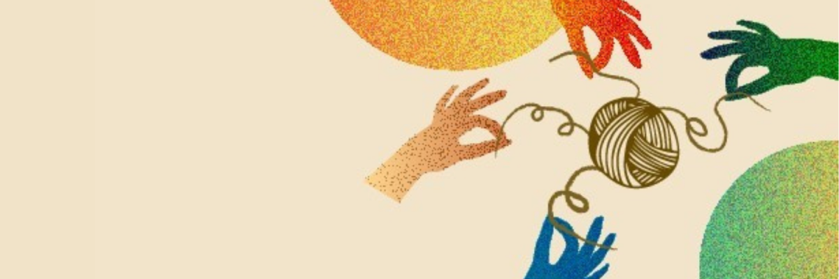 Four hands holding pieces of string connected by a ball of string in the middle.