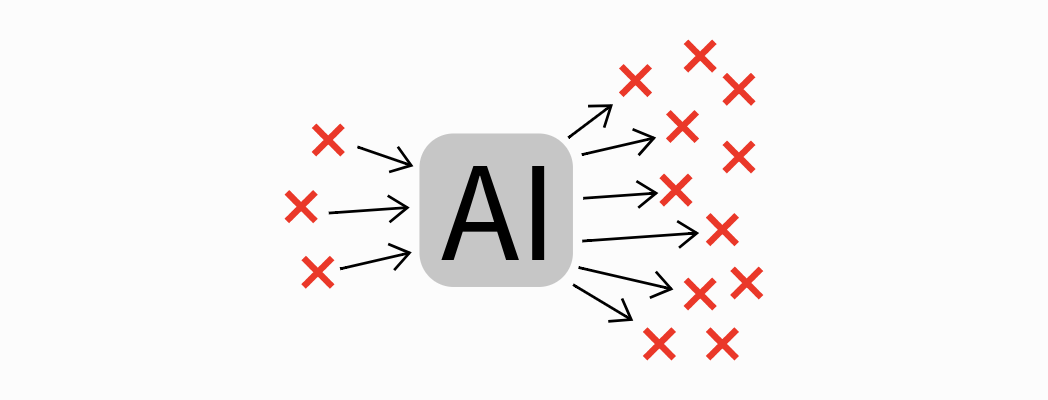 A symbol representing AI in the middle of the image with a few "x"s representing bias feeding into one side and many more "x"s coming out the other side.